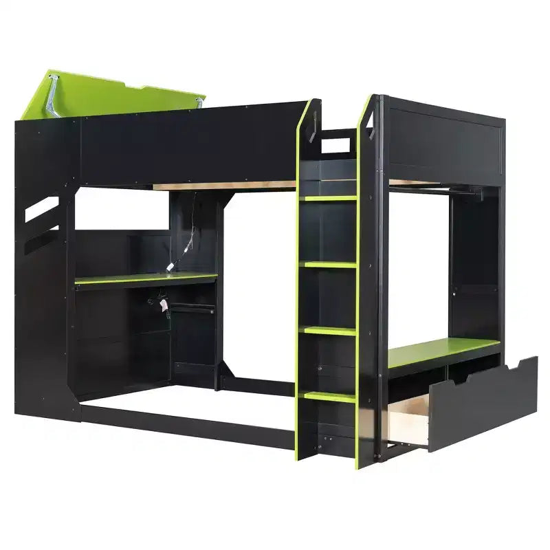 Lit mezzanine avec bureau réglable en hauteur, lumières RVB et rangements, lit pleine grandeur peu encombrant