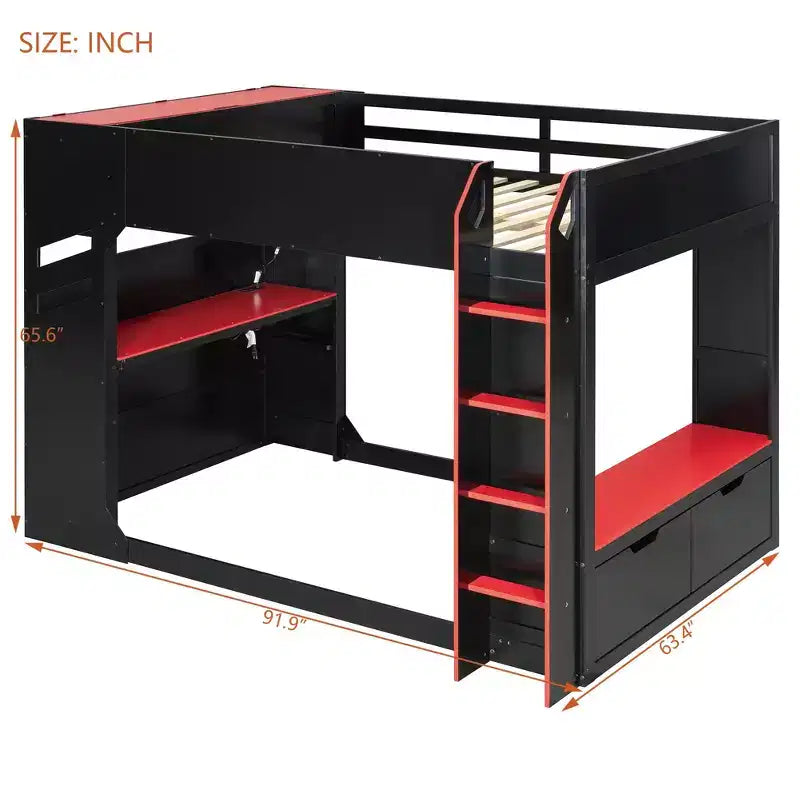 Lit mezzanine avec bureau réglable en hauteur, lumières RVB et rangements, lit pleine grandeur peu encombrant