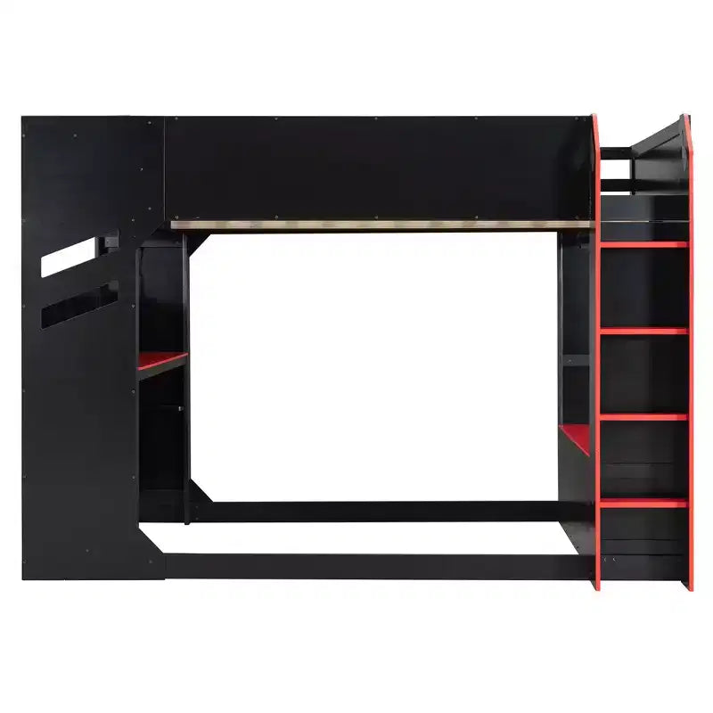Lit mezzanine avec bureau réglable en hauteur, lumières RVB et rangements, lit pleine grandeur peu encombrant