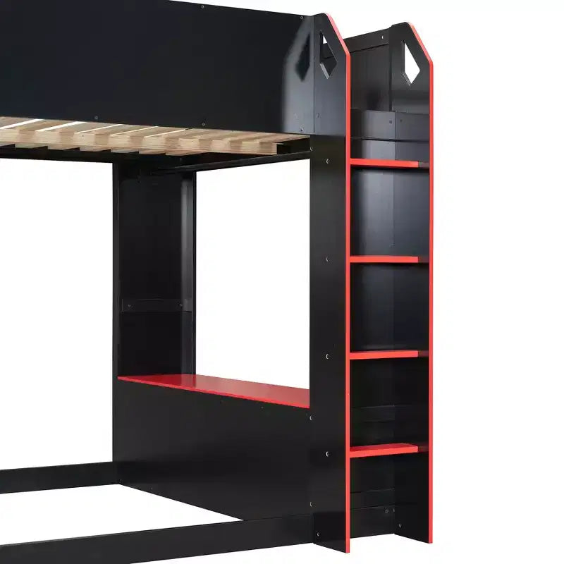 Lit mezzanine avec bureau réglable en hauteur, lumières RVB et rangements, lit pleine grandeur peu encombrant