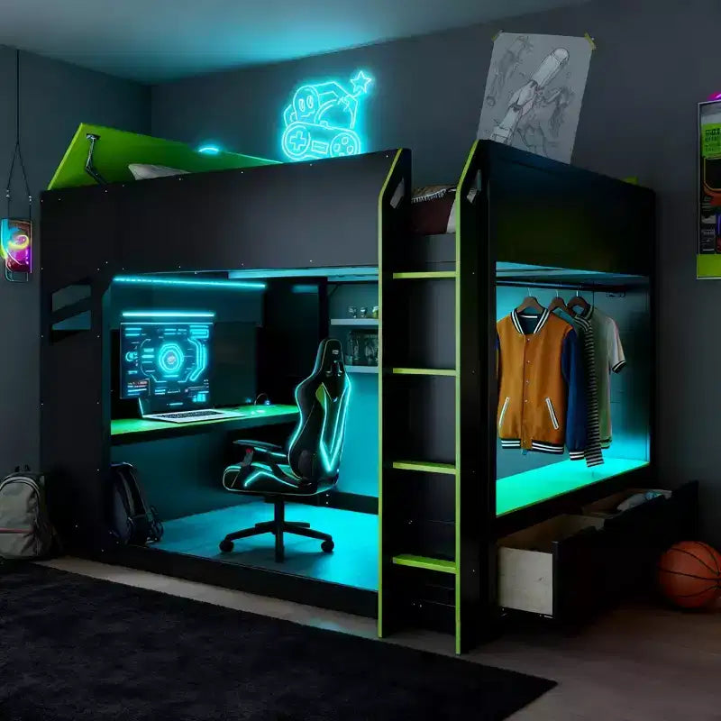 Lit mezzanine avec bureau réglable en hauteur, lumières RVB et rangements, lit pleine grandeur peu encombrant