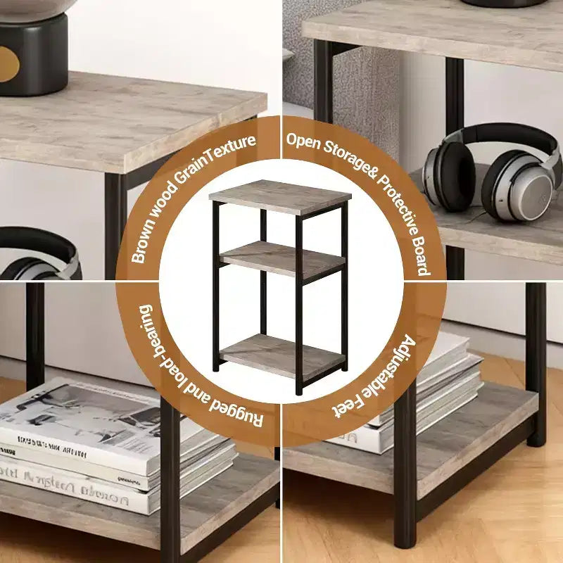 Table d'appoint à 3 niveaux avec rangement, petite table de chevet et table de téléphone, table de nuit haute à cadre métallique pour salon, chambre, bureau, salle de bain