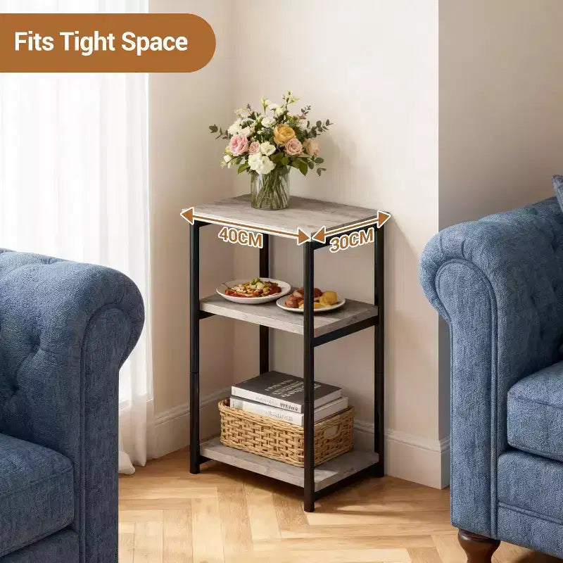 Table d'appoint à 3 niveaux avec rangement, petite table de chevet et table de téléphone, table de nuit haute à cadre métallique pour salon, chambre, bureau, salle de bain