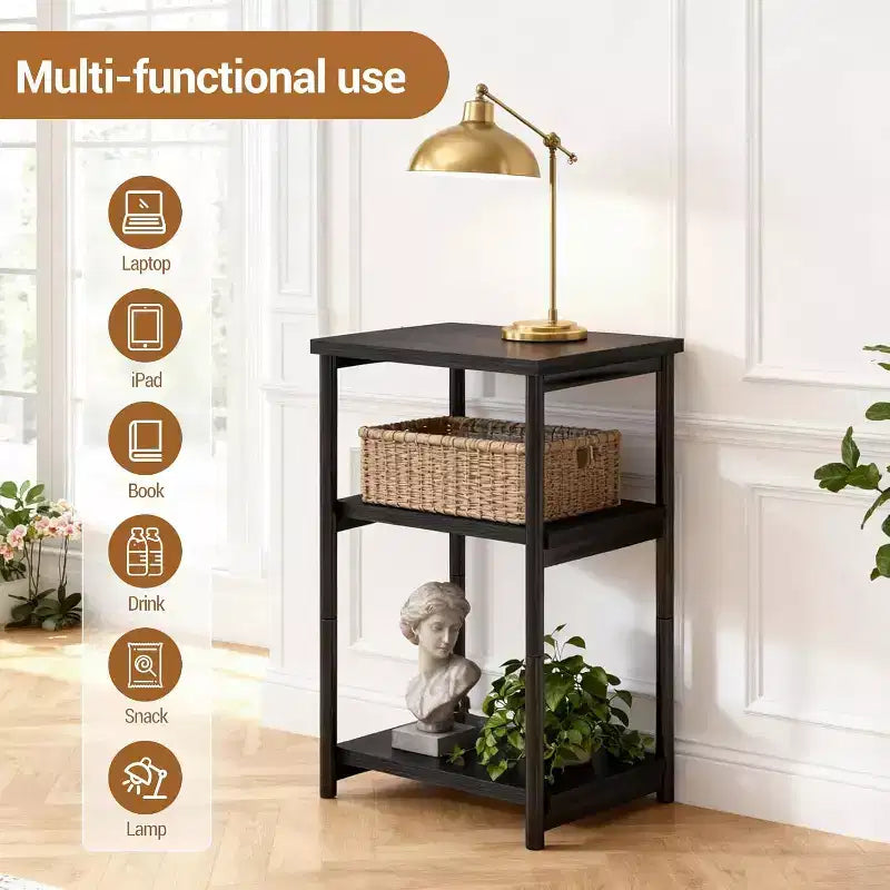Table d'appoint à 3 niveaux avec rangement, petite table de chevet et table de téléphone, table de nuit haute à cadre métallique pour salon, chambre, bureau, salle de bain