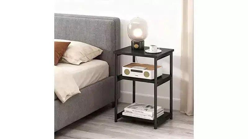 Table d'appoint à 3 niveaux avec rangement, petite table de chevet et table de téléphone, table de nuit haute à cadre métallique pour salon, chambre, bureau, salle de bain