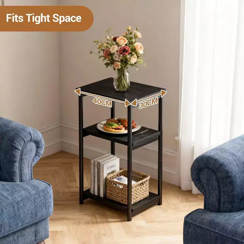 Table d'appoint à 3 niveaux avec rangement, petite table de chevet et table de téléphone, table de nuit haute à cadre métallique pour salon, chambre, bureau, salle de bain