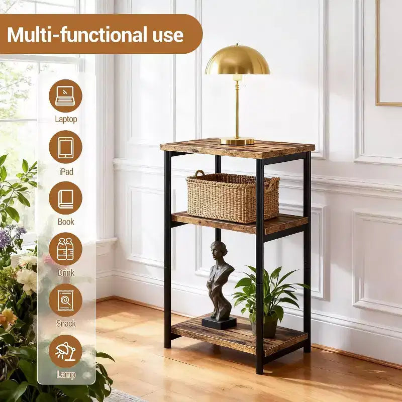 Table d'appoint à 3 niveaux avec rangement, petite table de chevet et table de téléphone, table de nuit haute à cadre métallique pour salon, chambre, bureau, salle de bain