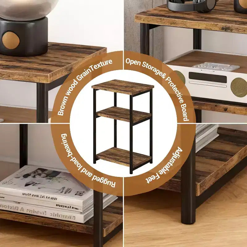 Table d'appoint à 3 niveaux avec rangement, petite table de chevet et table de téléphone, table de nuit haute à cadre métallique pour salon, chambre, bureau, salle de bain