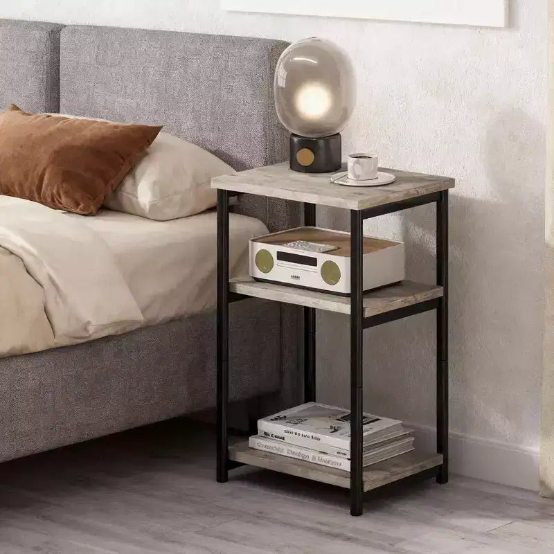 Table d'appoint à 3 niveaux avec rangement, petite table de chevet et table de téléphone, table de nuit haute à cadre métallique pour salon, chambre, bureau, salle de bain
