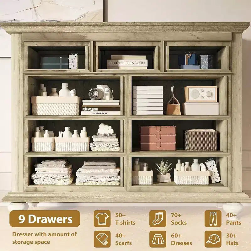 Commode de ferme à 9 tiroirs avec poignées en métal, Organisateur de rangement rétro pour chambre, salon, entrée