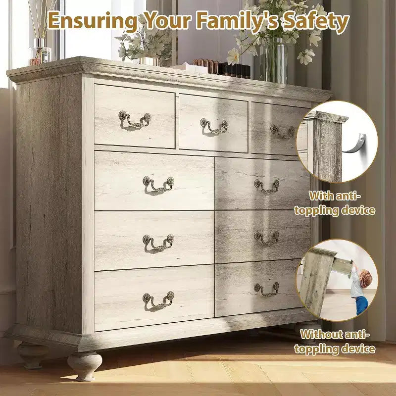 Commode de ferme à 9 tiroirs avec poignées en métal, Organisateur de rangement rétro pour chambre, salon, entrée