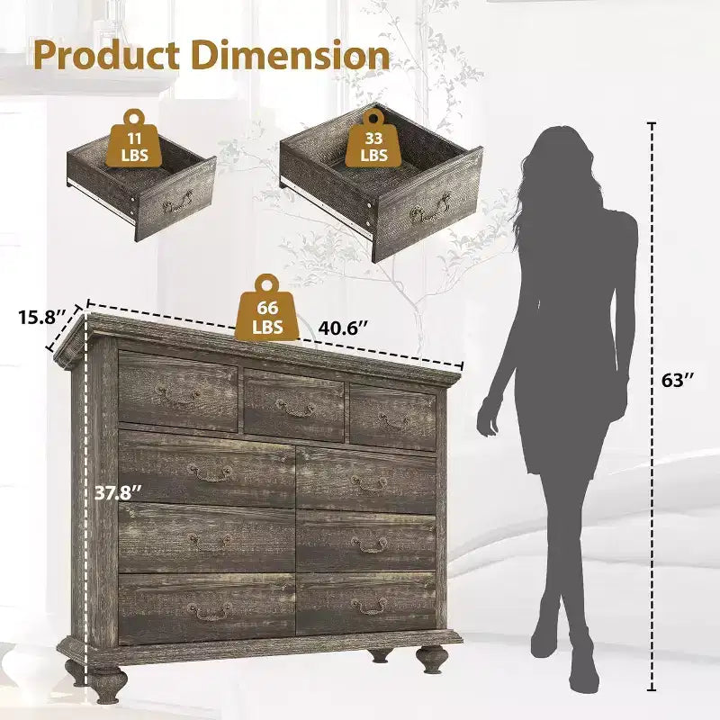 Commode de ferme à 9 tiroirs avec poignées en métal, Organisateur de rangement rétro pour chambre, salon, entrée