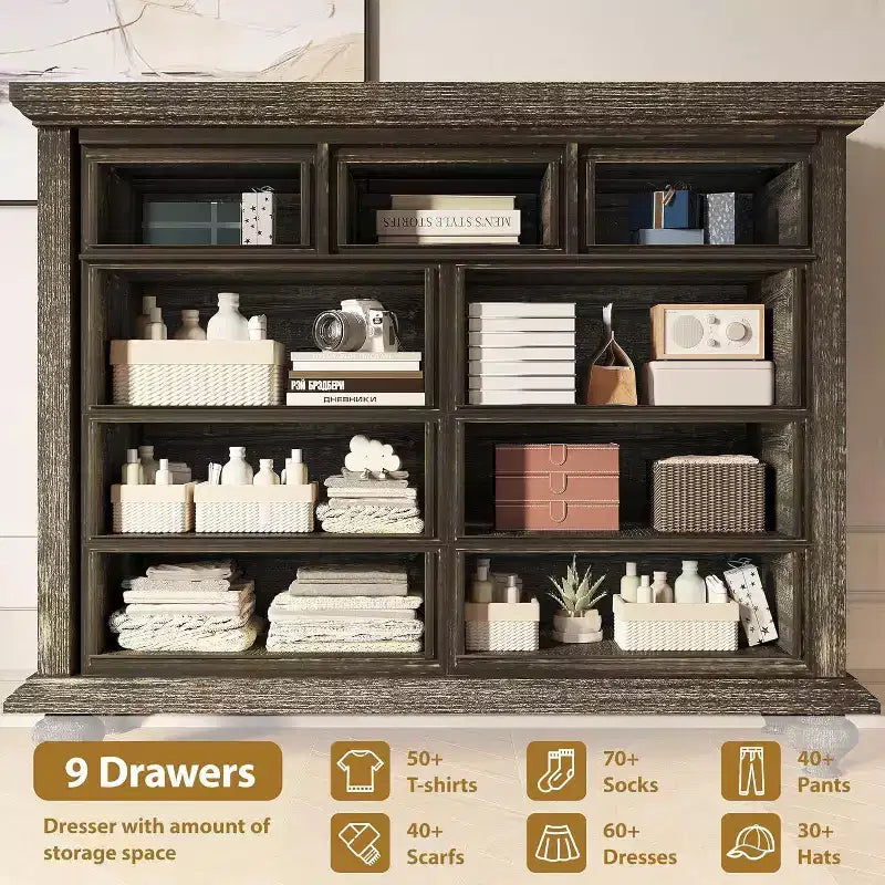 Commode de ferme à 9 tiroirs avec poignées en métal, Organisateur de rangement rétro pour chambre, salon, entrée