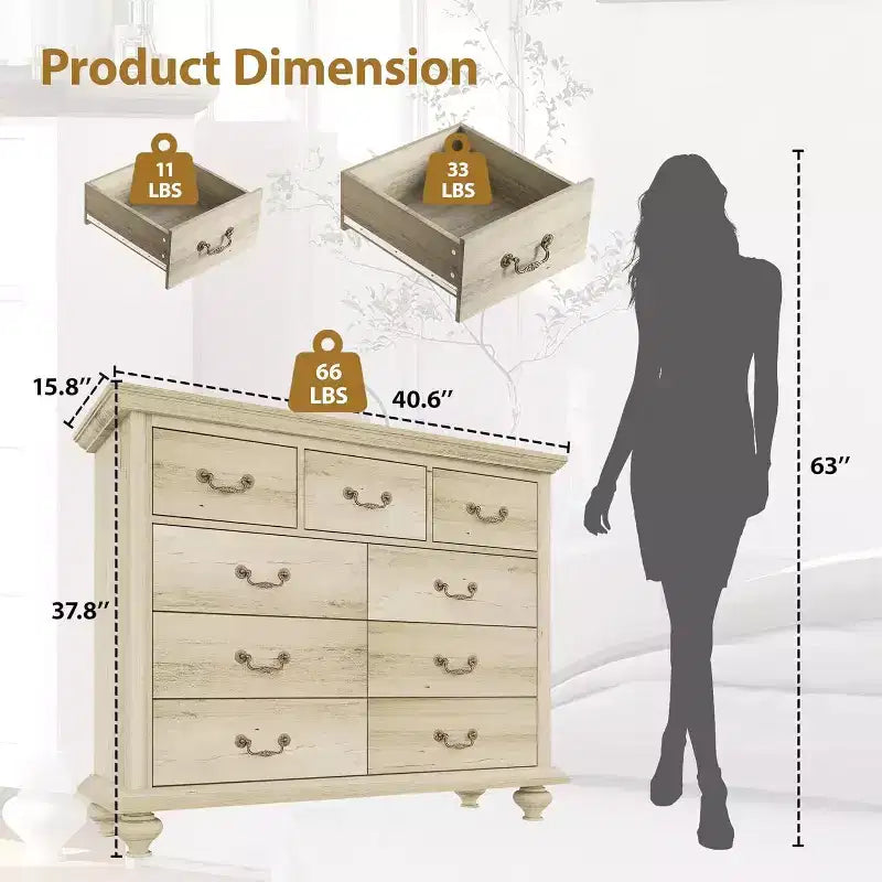 Commode de ferme à 9 tiroirs avec poignées en métal, Organisateur de rangement rétro pour chambre, salon, entrée