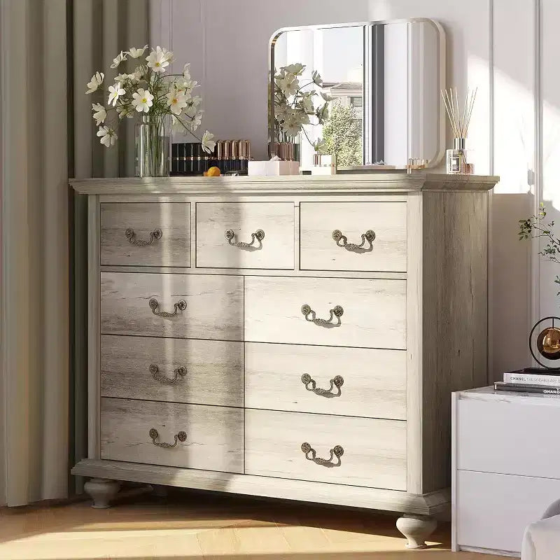 Commode de ferme à 9 tiroirs avec poignées en métal, Organisateur de rangement rétro pour chambre, salon, entrée