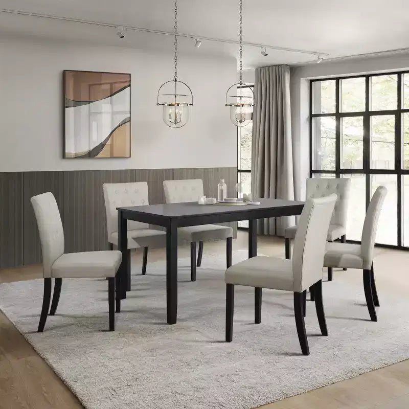 Ensemble de salle à manger 7 pièces ChaletPosh avec chaises de salle à manger avec housse en lin