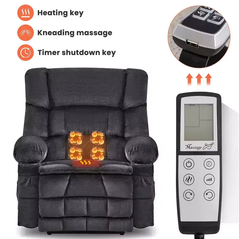 Fauteuil inclinable releveur électrique double moteur grande puissance, fauteuil releveur à plat avec pétrissage lombaire et fonction chauffage, grand fauteuil releveur pour personnes de grande taille, porte-gobelets