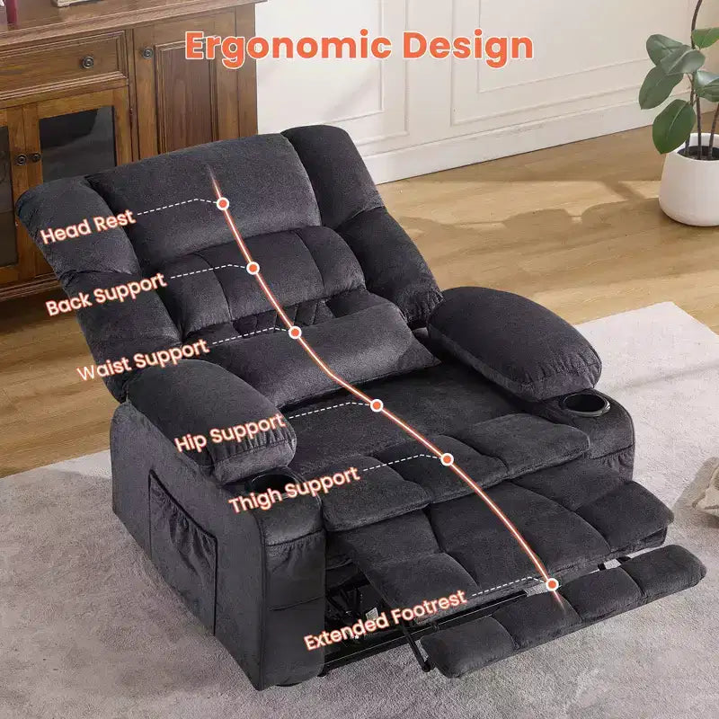Fauteuil inclinable releveur électrique double moteur grande puissance, fauteuil releveur à plat avec pétrissage lombaire et fonction chauffage, grand fauteuil releveur pour personnes de grande taille, porte-gobelets