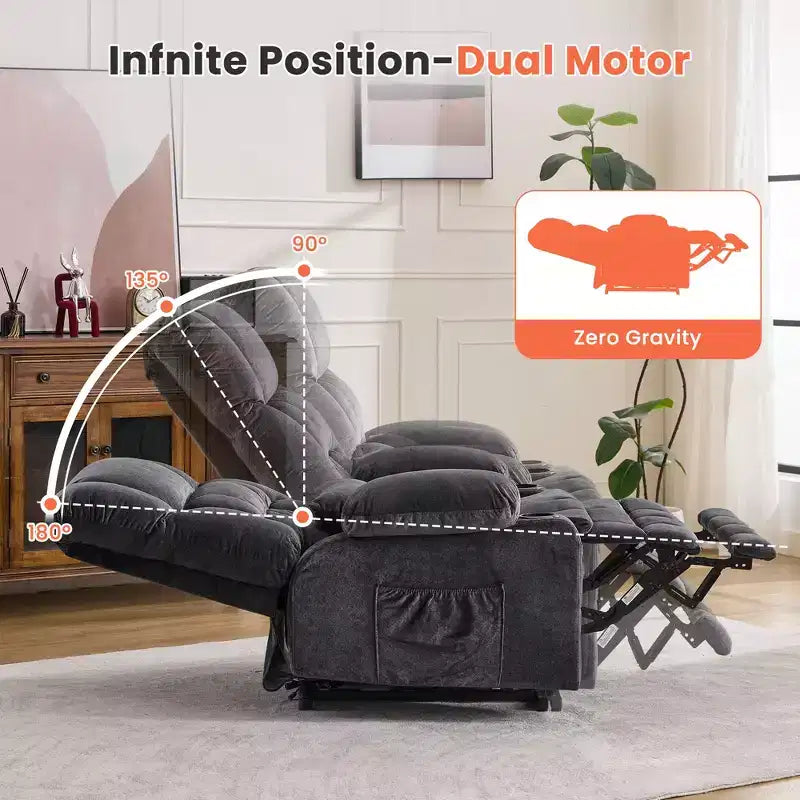 Fauteuil inclinable releveur électrique double moteur grande puissance, fauteuil releveur à plat avec pétrissage lombaire et fonction chauffage, grand fauteuil releveur pour personnes de grande taille, porte-gobelets