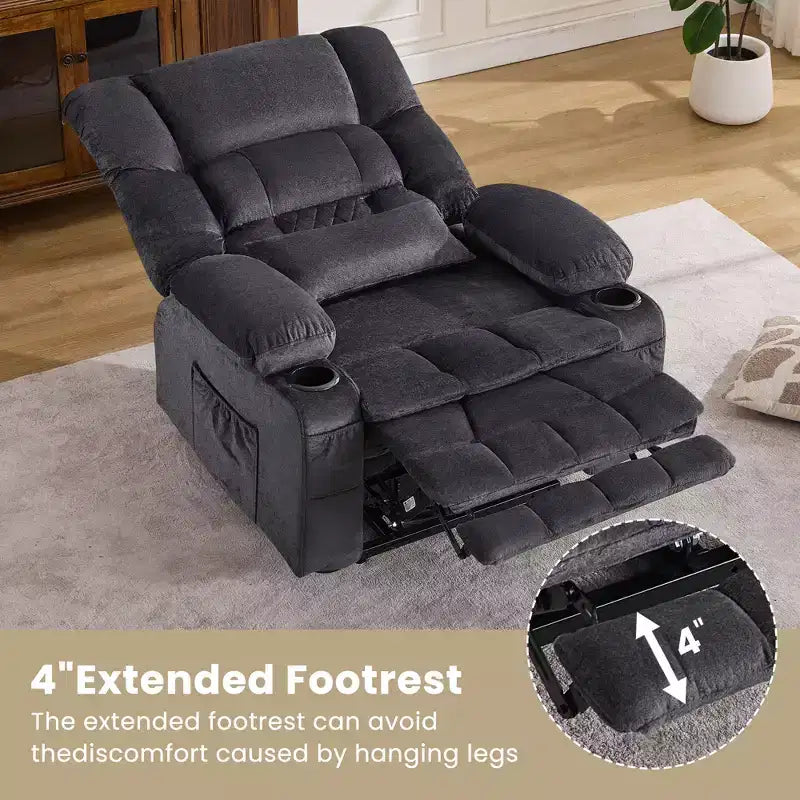 Fauteuil inclinable releveur électrique double moteur grande puissance, fauteuil releveur à plat avec pétrissage lombaire et fonction chauffage, grand fauteuil releveur pour personnes de grande taille, porte-gobelets