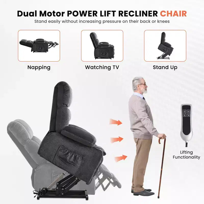 Fauteuil inclinable releveur électrique double moteur grande puissance, fauteuil releveur à plat avec pétrissage lombaire et fonction chauffage, grand fauteuil releveur pour personnes de grande taille, porte-gobelets