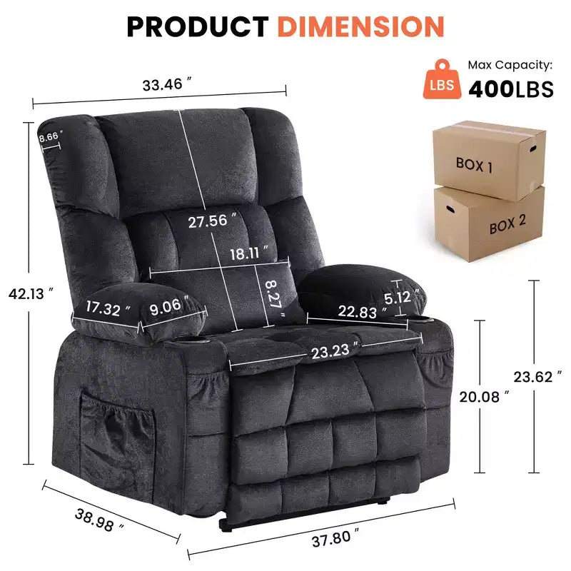 Fauteuil inclinable releveur électrique double moteur grande puissance, fauteuil releveur à plat avec pétrissage lombaire et fonction chauffage, grand fauteuil releveur pour personnes de grande taille, porte-gobelets