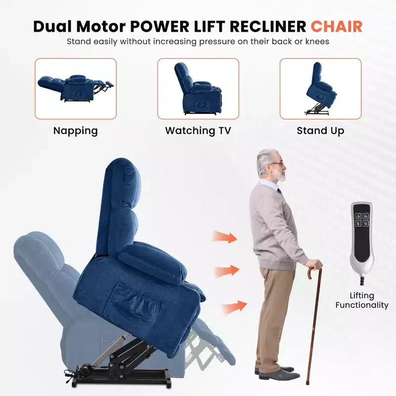Fauteuil inclinable releveur électrique double moteur grande puissance, fauteuil releveur à plat avec pétrissage lombaire et fonction chauffage, grand fauteuil releveur pour personnes de grande taille, porte-gobelets
