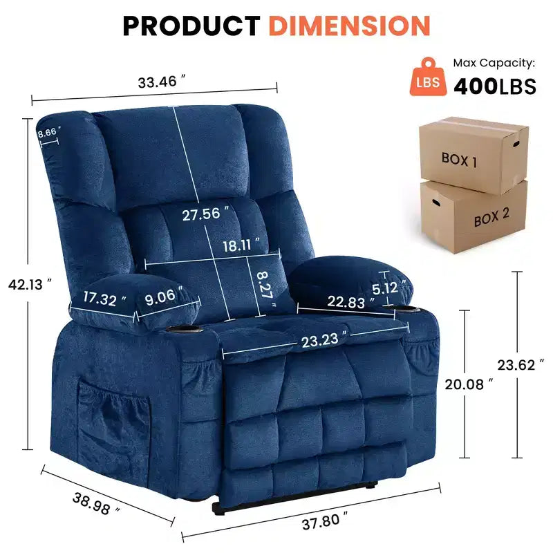 Fauteuil inclinable releveur électrique double moteur grande puissance, fauteuil releveur à plat avec pétrissage lombaire et fonction chauffage, grand fauteuil releveur pour personnes de grande taille, porte-gobelets