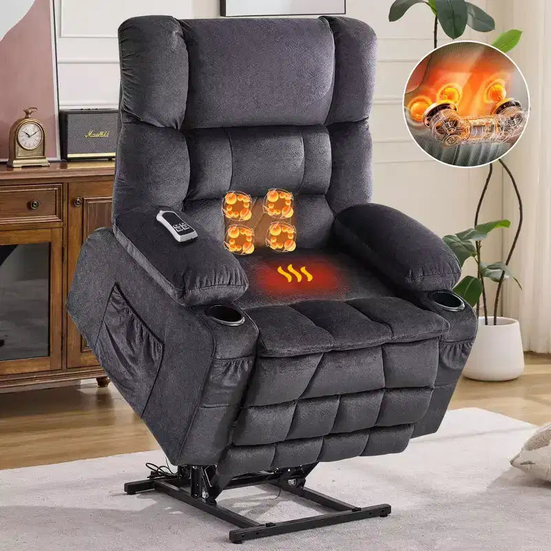 Fauteuil inclinable releveur électrique double moteur grande puissance, fauteuil releveur à plat avec pétrissage lombaire et fonction chauffage, grand fauteuil releveur pour personnes de grande taille, porte-gobelets