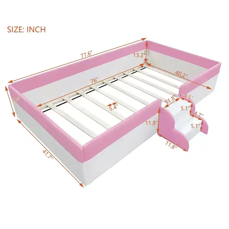 Cadre de lit de repos capitonné pour lit jumeau avec clôture et escalier pour chambre d'enfant, Rose+Blanc