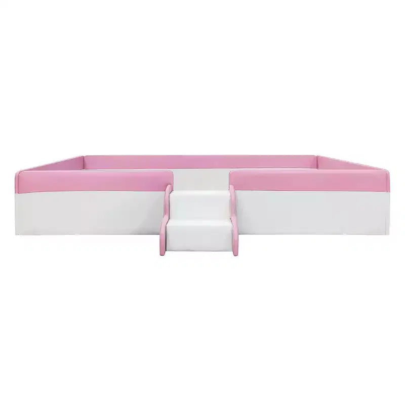 Cadre de lit de repos capitonné pour lit jumeau avec clôture et escalier pour chambre d'enfant, Rose+Blanc