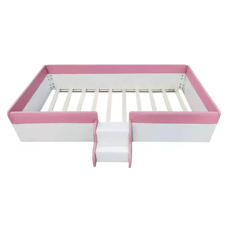 Cadre de lit de repos capitonné pour lit jumeau avec clôture et escalier pour chambre d'enfant, Rose+Blanc