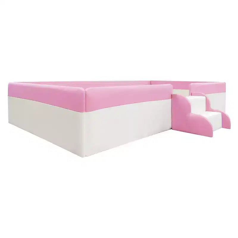 Cadre de lit de repos capitonné pour lit jumeau avec clôture et escalier pour chambre d'enfant, Rose+Blanc