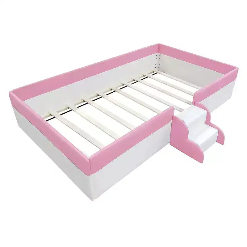 Cadre de lit de repos capitonné pour lit jumeau avec clôture et escalier pour chambre d'enfant, Rose+Blanc