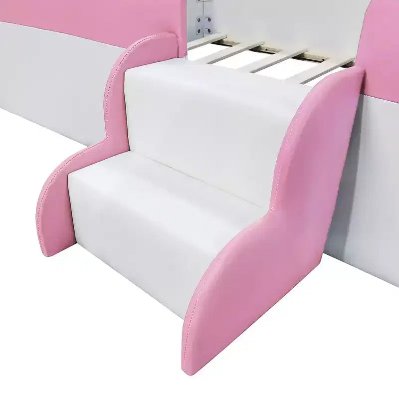 Cadre de lit de repos capitonné pour lit jumeau avec clôture et escalier pour chambre d'enfant, Rose+Blanc