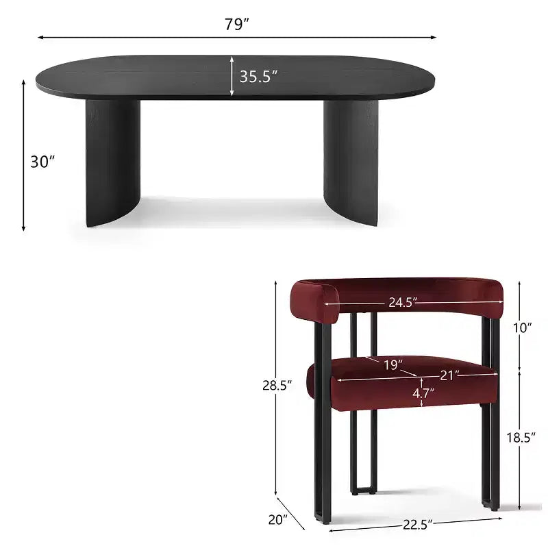 Ensemble de salle à manger 7 pièces avec chaises en velours, table ovale noire moderne et fauteuils rembourrés avec pieds en métal pour salle à manger - Panipeachy