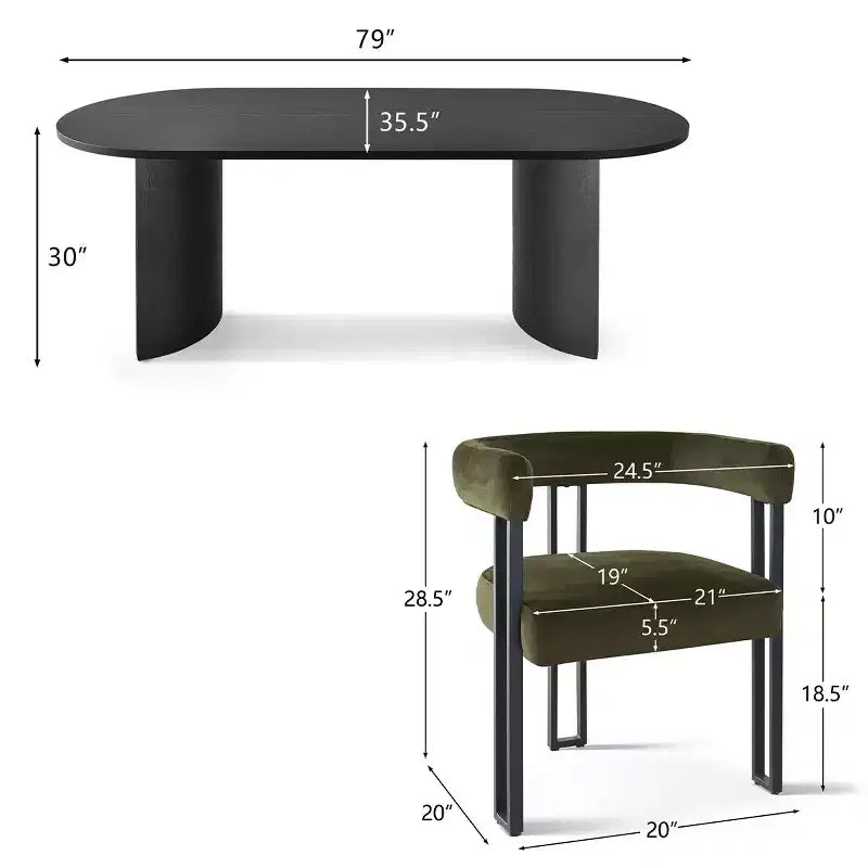 Ensemble de salle à manger 7 pièces avec chaises en velours, table ovale noire moderne et fauteuils rembourrés avec pieds en métal pour salle à manger - Panipeachy