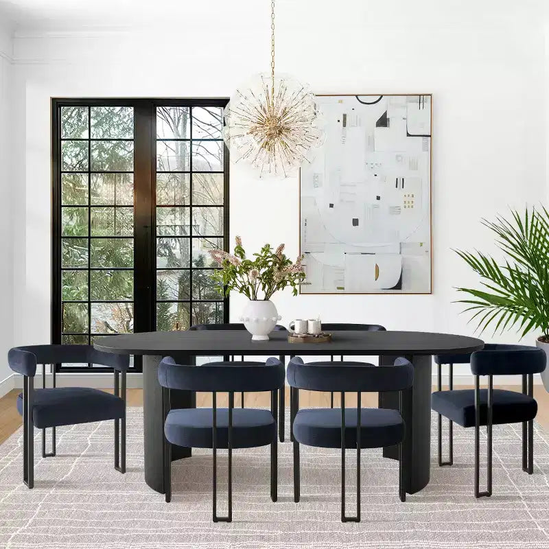 7-Piece Dining Table Set with Velvet Chairs, Modern Oval Black Table & Upholstered Armchairs with Metal Legs for Dining Room-Panipeachy