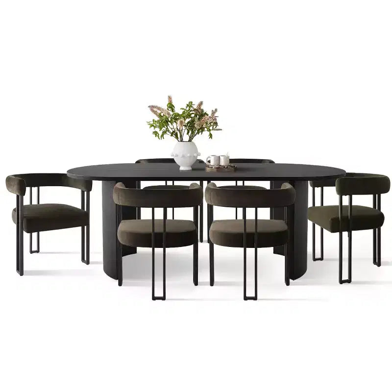 Ensemble de salle à manger 7 pièces avec chaises en velours, table ovale noire moderne et fauteuils rembourrés avec pieds en métal pour salle à manger - Panipeachy