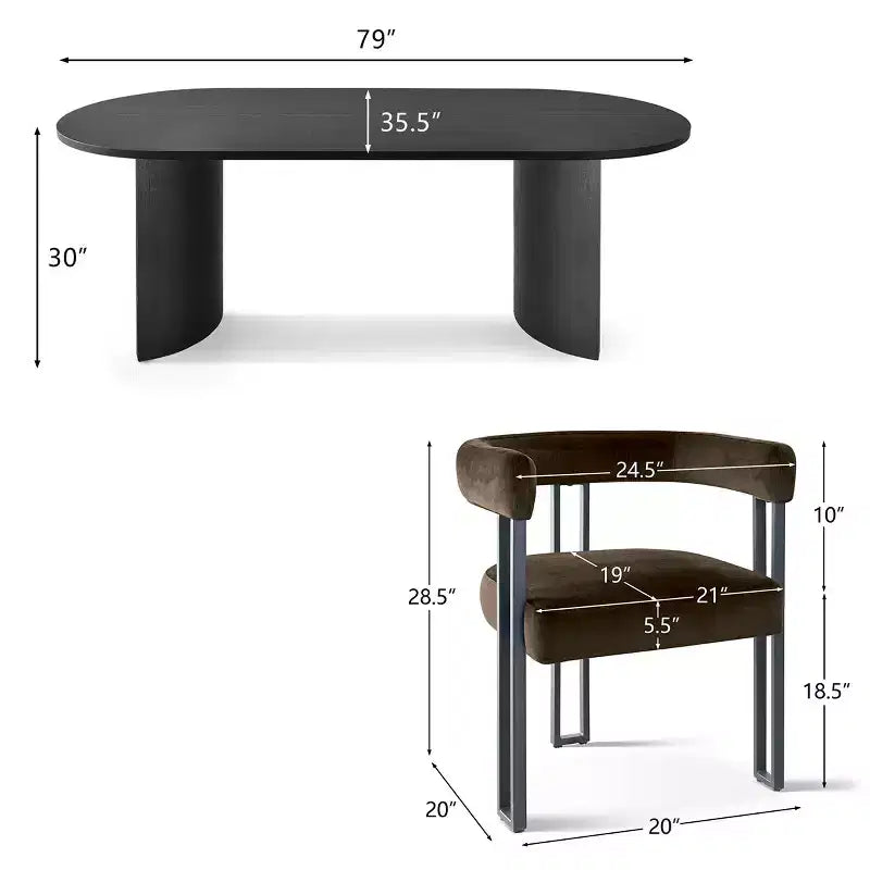 Ensemble de salle à manger 7 pièces avec chaises en velours, table ovale noire moderne et fauteuils rembourrés avec pieds en métal pour salle à manger - Panipeachy