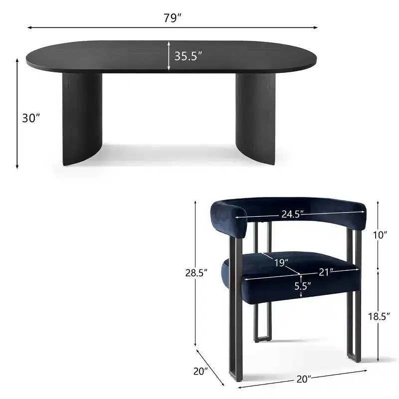 Ensemble de salle à manger 7 pièces avec chaises en velours, table ovale noire moderne et fauteuils rembourrés avec pieds en métal pour salle à manger - Panipeachy
