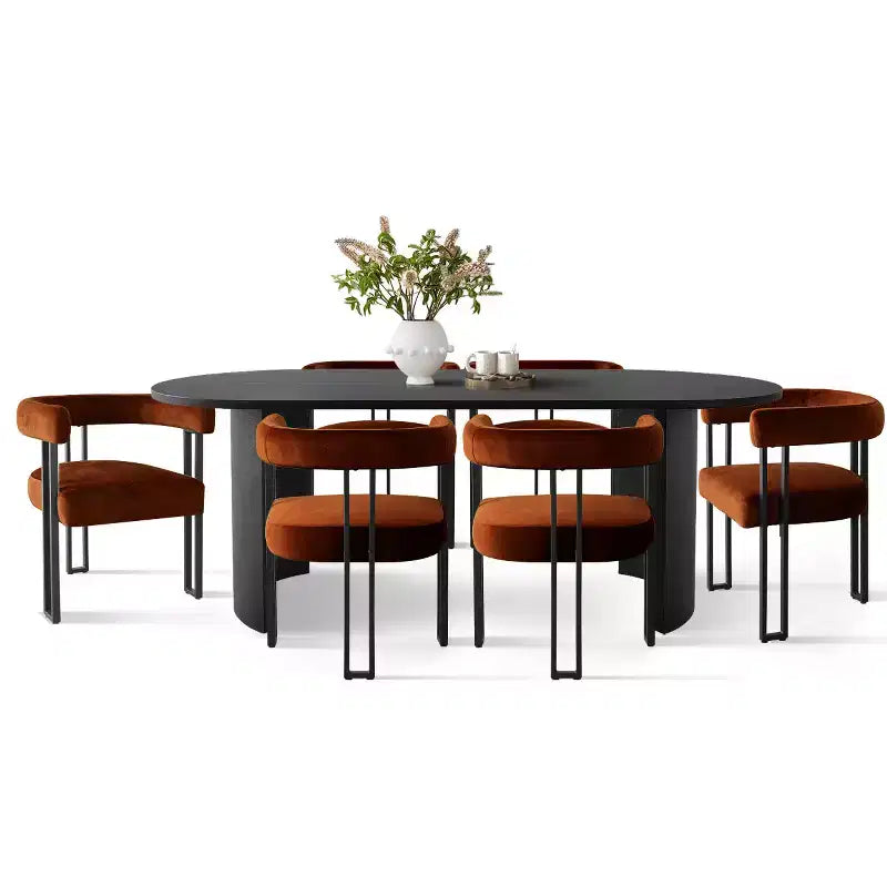 Ensemble de salle à manger 7 pièces avec chaises en velours, table ovale noire moderne et fauteuils rembourrés avec pieds en métal pour salle à manger - Panipeachy