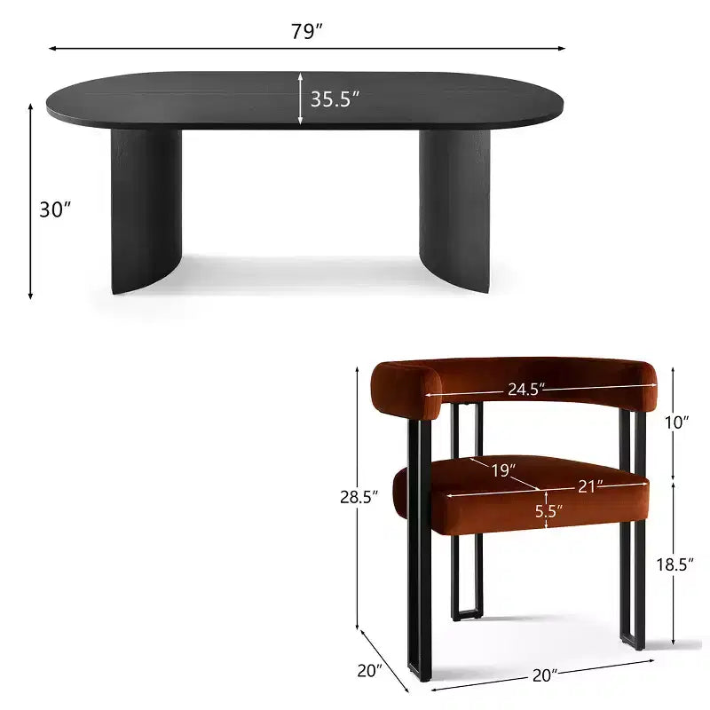 Ensemble de salle à manger 7 pièces avec chaises en velours, table ovale noire moderne et fauteuils rembourrés avec pieds en métal pour salle à manger - Panipeachy