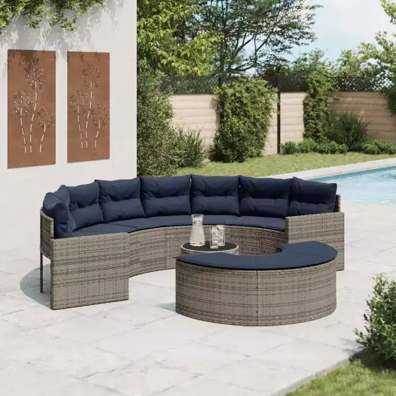 vidaXL Salon de jardin - 3 pièces semi-circulaire - Mobilier de jardin en résine tressée gris durable avec coussins bleu marine et table en verre trempé