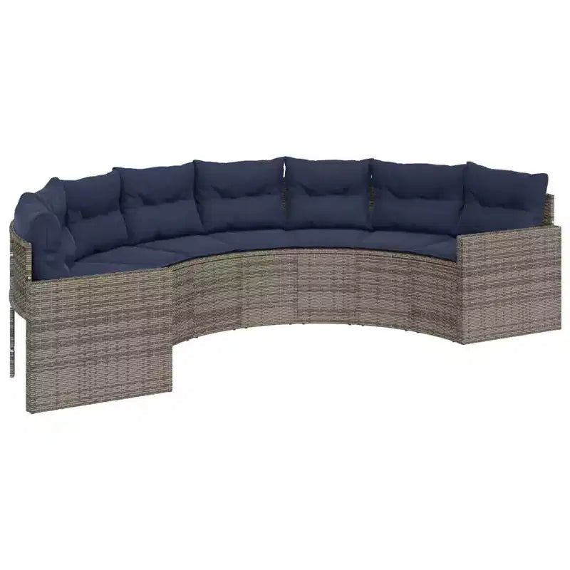 vidaXL Salon de jardin - 3 pièces semi-circulaire - Mobilier de jardin en résine tressée gris durable avec coussins bleu marine et table en verre trempé