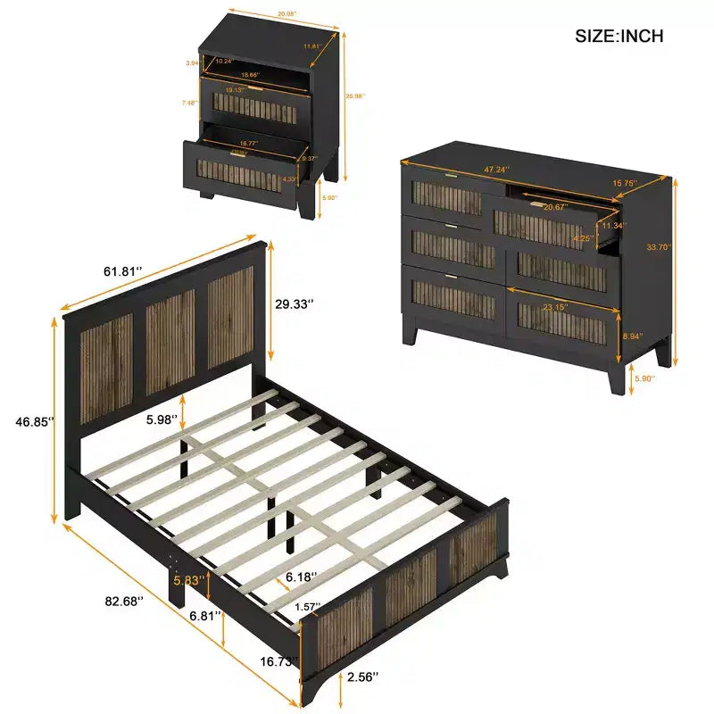 Ensemble de chambre Whisen 4 pièces, lit plateforme Queen size de style rustique, table de chevet avec rangement et commode avec poignée en métal