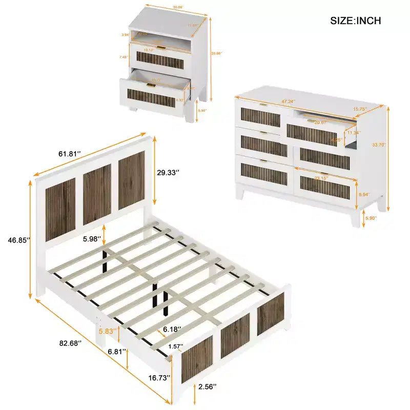 Ensemble de chambre Whisen 4 pièces, lit plateforme Queen size de style rustique, table de chevet avec rangement et commode avec poignée en métal
