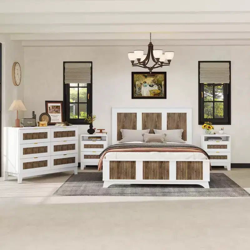 Ensemble de chambre Whisen 4 pièces, lit plateforme Queen size de style rustique, table de chevet avec rangement et commode avec poignée en métal
