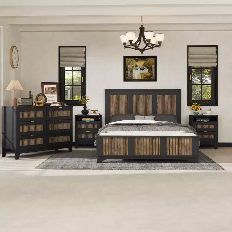 Ensemble de chambre Whisen 4 pièces, lit plateforme Queen size de style rustique, table de chevet avec rangement et commode avec poignée en métal