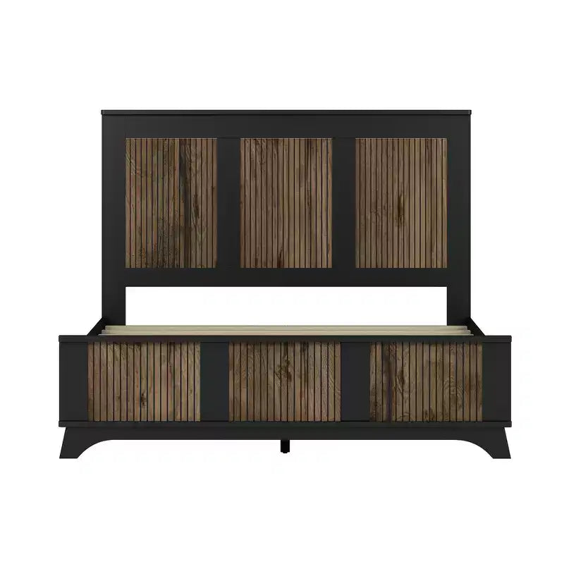 Ensemble de chambre Whisen 4 pièces, lit plateforme Queen size de style rustique, table de chevet avec rangement et commode avec poignée en métal